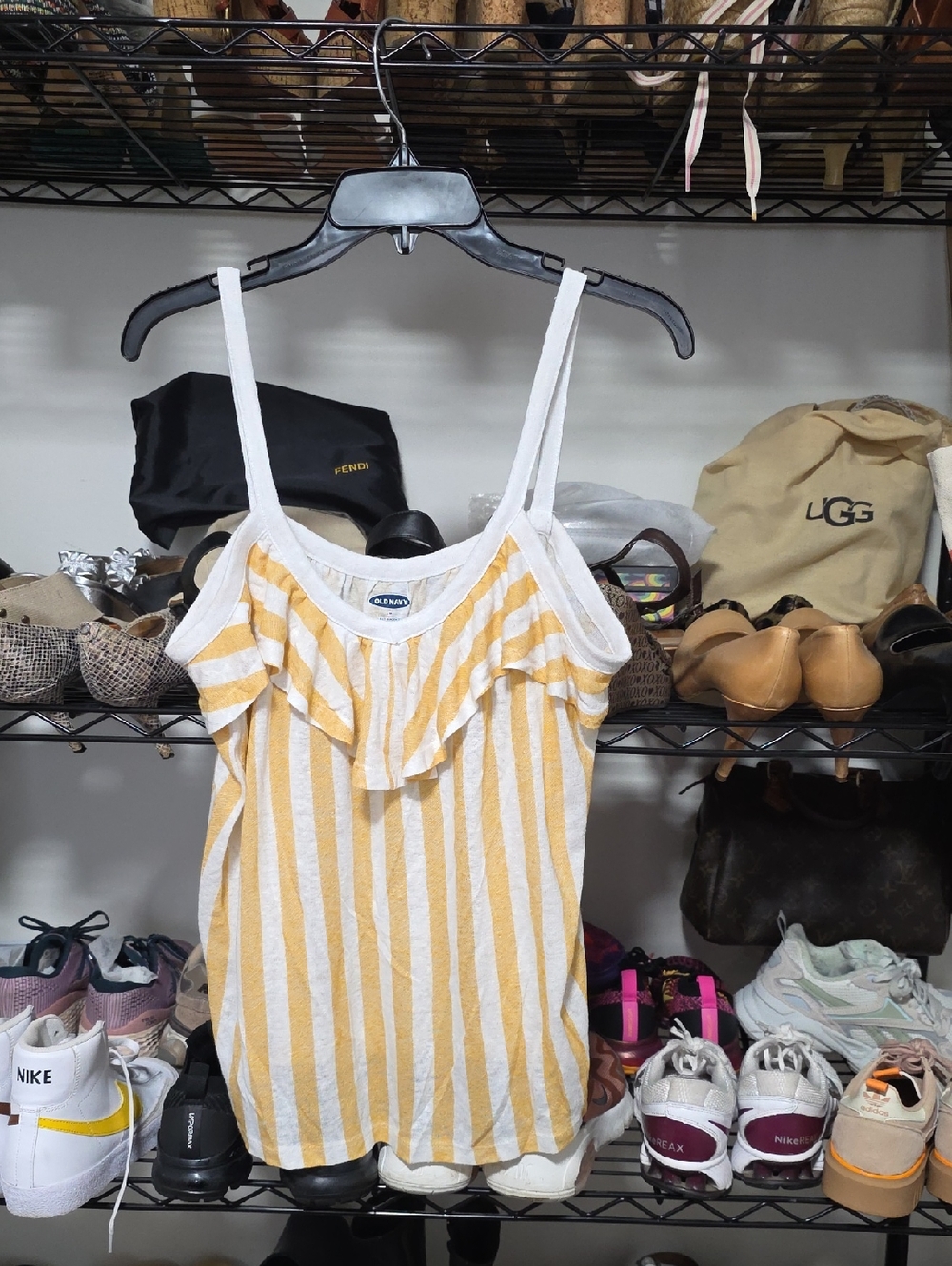 Old Navy White and Yellow Striped Ruffle Tank
